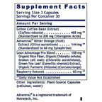 A supplement facts label showing a supplement container with green coffee bean extract, AdvantaZ Bitter Orange, Lean Advantage Pro Blend, and Raspberry Ketones listed on a white background.