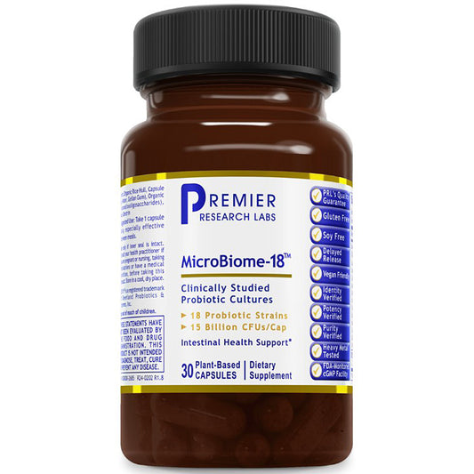 A brown plastic bottle of Premier Research Labs MicroBiome-18 dietary supplement with a black cap and a white label featuring blue and yellow text.