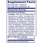 A close-up of a supplement facts label for Live-Source Probiotic Complex, showing serving size 1 capsule, 30 per container, and listed bacterial strains with DE11 Bacillus subtilis.