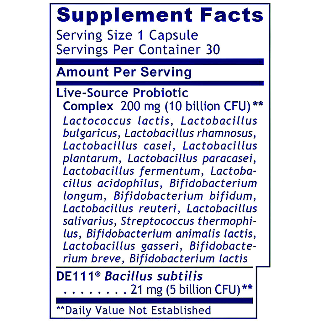 A close-up of a supplement facts label for Live-Source Probiotic Complex, showing serving size 1 capsule, 30 per container, and listed bacterial strains with DE11 Bacillus subtilis.