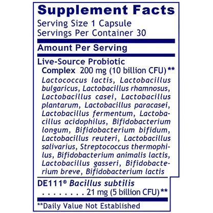A close-up of a supplement facts label for Live-Source Probiotic Complex, showing serving size 1 capsule, 30 per container, and listed bacterial strains with DE11 Bacillus subtilis.
