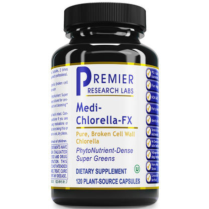 A black plastic bottle of Premier Research Labs Medi-Chlorella-FX dietary supplement with a white, blue, and yellow label, set against a plain white background.