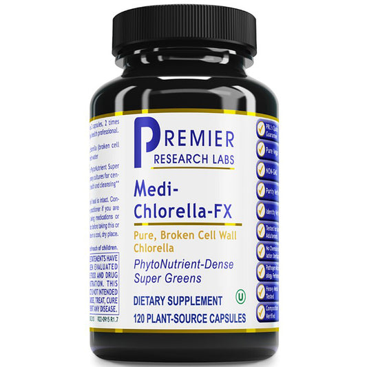 A black plastic bottle of Premier Research Labs Medi-Chlorella-FX dietary supplement with a white, blue, and yellow label, set against a plain white background.