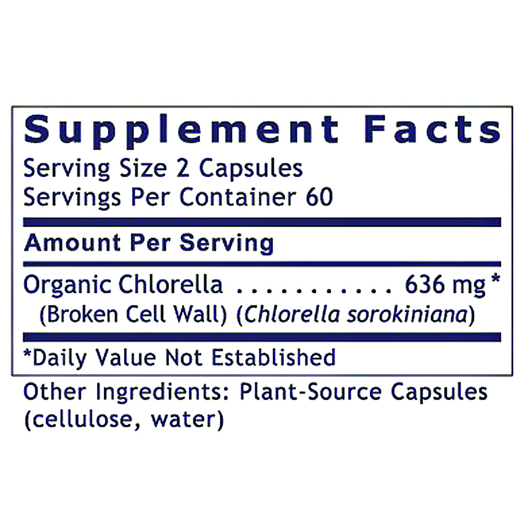 A supplement facts label with dark blue text on a white background, showing serving size 2 capsules, 60 servings per container, and organic chlorella 636 mg.