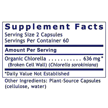 A supplement facts label with dark blue text on a white background, showing serving size 2 capsules, 60 servings per container, and organic chlorella 636 mg.