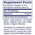 A Supplement Facts label showing melatonin content and other ingredients, with navy blue text and lines on a white background.
