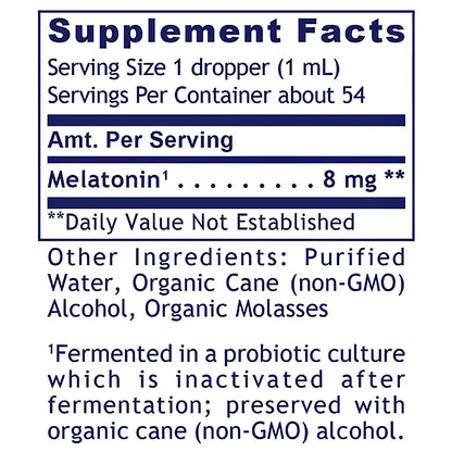 A Supplement Facts label showing melatonin content and other ingredients, with navy blue text and lines on a white background.