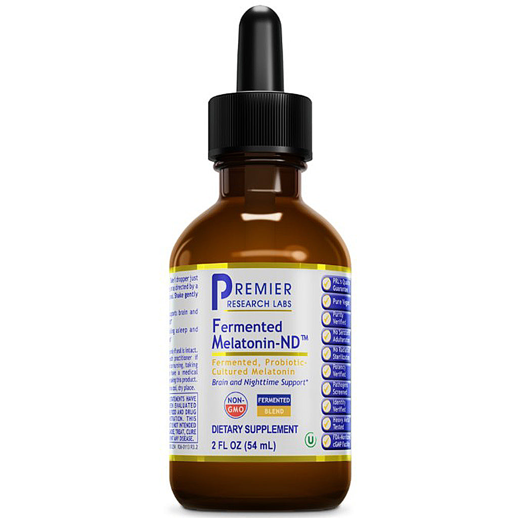 A 2 fl oz amber glass dropper bottle of Premier Research Labs Fermented Melatonin-ND dietary supplement, featuring a white, blue, and yellow label with a black dropper cap, on a white background.
