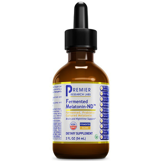 A 2 fl oz amber glass dropper bottle of Premier Research Labs Fermented Melatonin-ND dietary supplement, featuring a white, blue, and yellow label with a black dropper cap, on a white background.