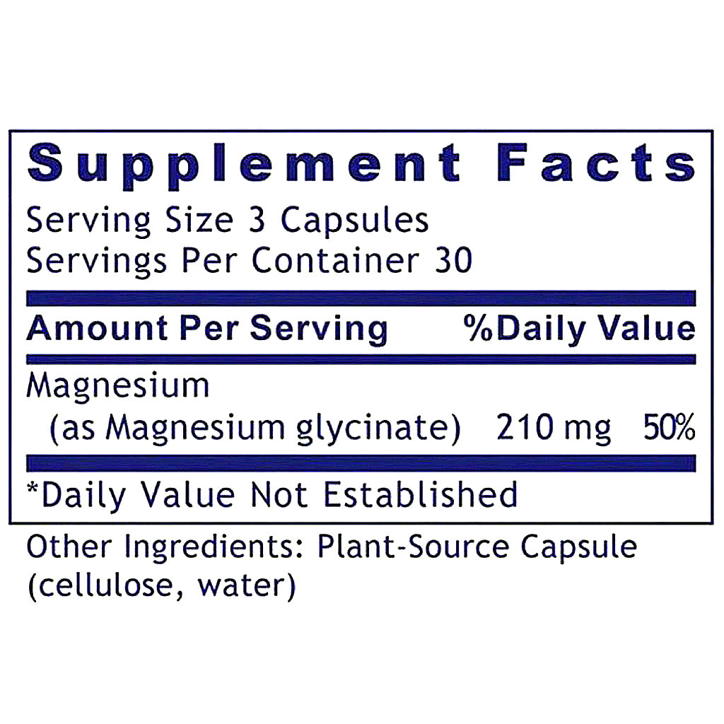 A close-up of a supplement facts label showing magnesium information: serving size 3 capsules, 30 servings per container, 210 mg magnesium as magnesium glycinate, with 50% daily value. The label also lists plant-source capsule as an other ingredient.