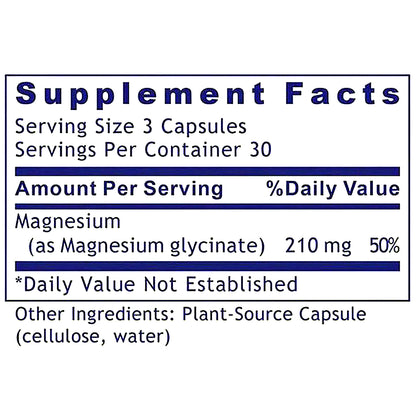 A close-up of a supplement facts label showing magnesium information: serving size 3 capsules, 30 servings per container, 210 mg magnesium as magnesium glycinate, with 50% daily value. The label also lists plant-source capsule as an other ingredient.