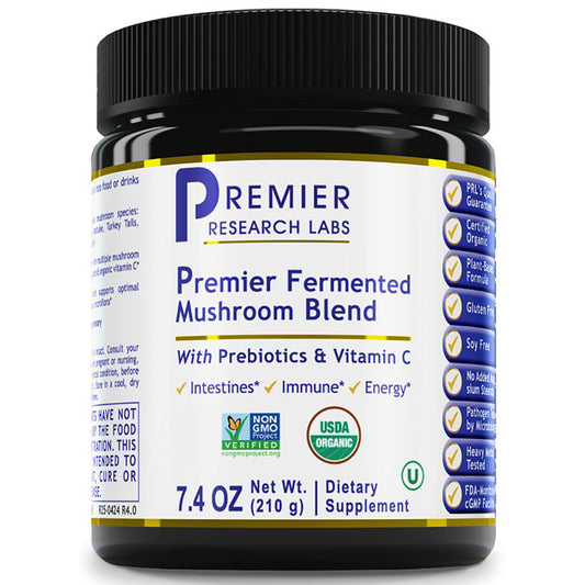 A black plastic jar of Premier Research Labs Premier Fermented Mushroom Blend dietary supplement, featuring a white label with blue and gold text and accents.