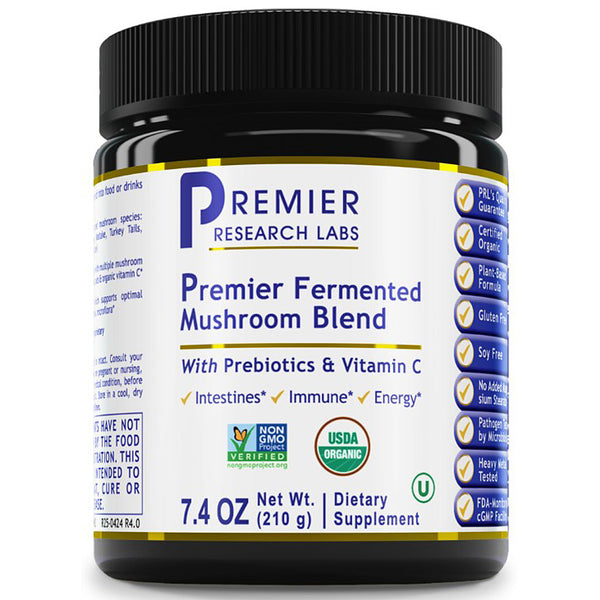 A black plastic jar of Premier Research Labs Premier Fermented Mushroom Blend dietary supplement, featuring a white label with blue and gold text and accents.