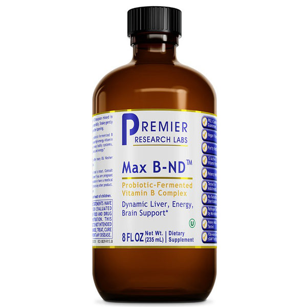 Bottle of Premier Research Labs Max B-ND supplement on a white background