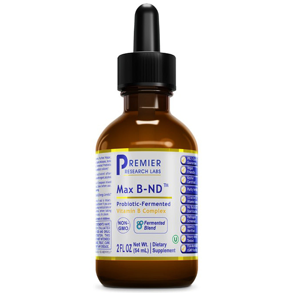 Bottle of Premier Research Labs Max B-ND supplement with dropper on a white background