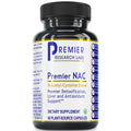 A black plastic bottle of Premier Research Labs Premier NAC dietary supplement with a white and blue label, shown on a plain white background.