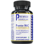 A black plastic bottle of Premier Research Labs Premier NAC dietary supplement with a white and blue label, shown on a plain white background.