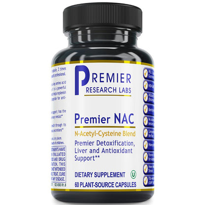 A black plastic bottle of Premier Research Labs Premier NAC dietary supplement with a white and blue label, shown on a plain white background.