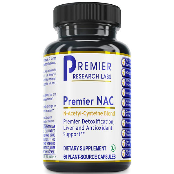 A black plastic bottle of Premier Research Labs Premier NAC dietary supplement with a white and blue label, shown on a plain white background.
