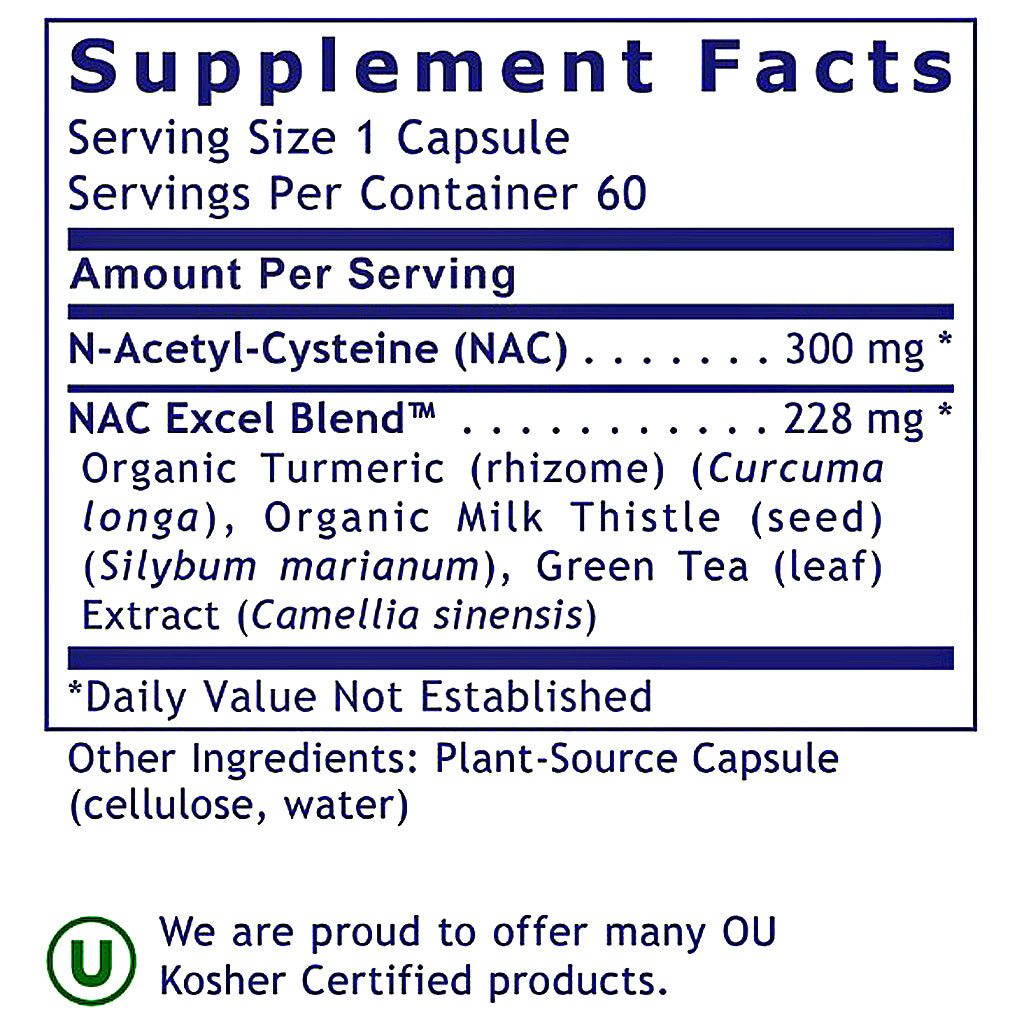A Supplement Facts label showing N-acetyl cysteine (NAC) and NAC Excel Blend ingredients, with serving size 1 capsule and Kosher certification text at the bottom.