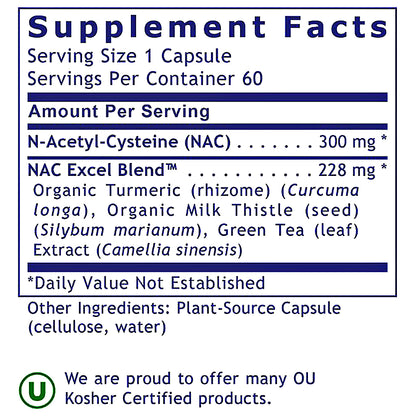 A Supplement Facts label showing N-acetyl cysteine (NAC) and NAC Excel Blend ingredients, with serving size 1 capsule and Kosher certification text at the bottom.