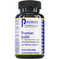 A black plastic bottle of Premier NADH dietary supplement by Premier Research Labs, featuring a white label with blue and gold text and accents, set against a plain white background.