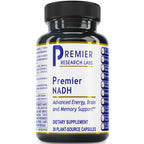 A black plastic bottle of Premier NADH dietary supplement by Premier Research Labs, featuring a white label with blue and gold text and accents, set against a plain white background.