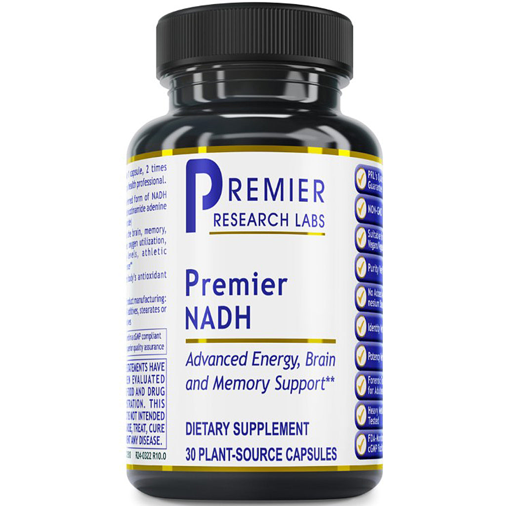 A black plastic bottle of Premier NADH dietary supplement by Premier Research Labs, featuring a white label with blue and gold text and accents, set against a plain white background.
