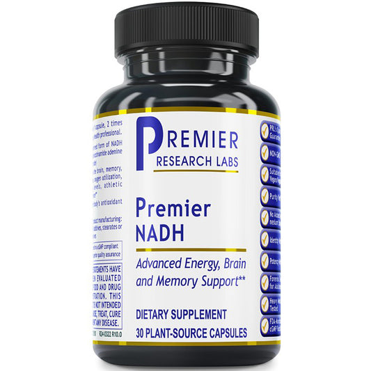 A black plastic bottle of Premier NADH dietary supplement by Premier Research Labs, featuring a white label with blue and gold text and accents, set against a plain white background.