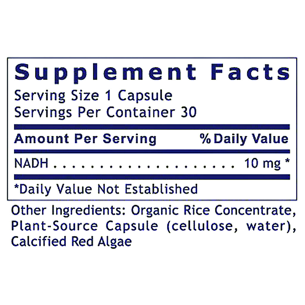 A supplement facts label showing NADH at 10 mg, with serving size 1 capsule and 30 servings per container. The label lists other ingredients including organic rice concentrate, plant-source capsule, and calcified red algae.
