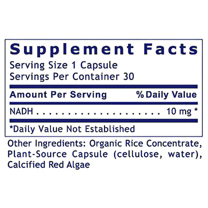 A supplement facts label showing NADH at 10 mg, with serving size 1 capsule and 30 servings per container. The label lists other ingredients including organic rice concentrate, plant-source capsule, and calcified red algae.