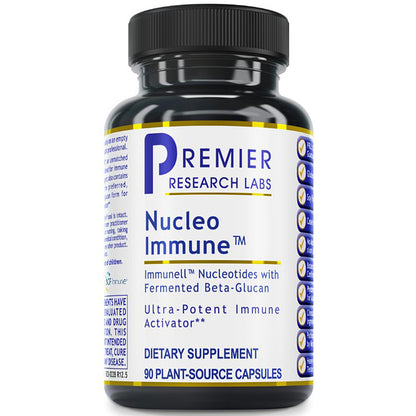 A black plastic bottle of Premier Research Labs Nucleo Immune dietary supplement with a white label and black cap, shown on a plain white background.