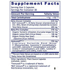 A supplement facts label showing a nutrition panel with ingredients listed in descending order by daily value contribution, including Beta Glucan Complex, Beta Pro Complex, Organic Turmeric, Organic Lemon Peel, Organic Prickly Pear leaf, and Immunun Nucleotide Blend.