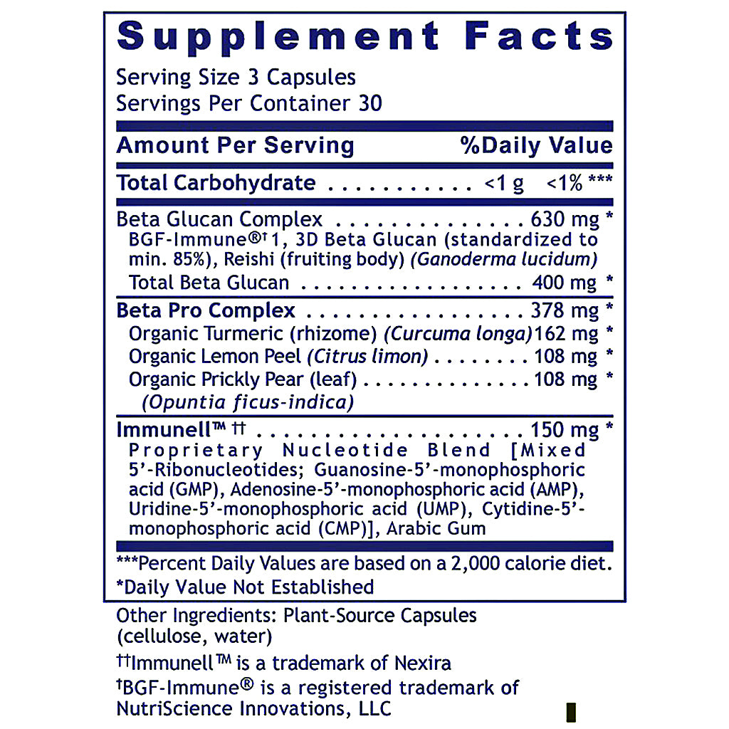 A supplement facts label showing a nutrition panel with ingredients listed in descending order by daily value contribution, including Beta Glucan Complex, Beta Pro Complex, Organic Turmeric, Organic Lemon Peel, Organic Prickly Pear leaf, and Immunun Nucleotide Blend.