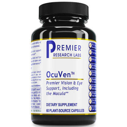 A black plastic bottle of Premier Research Labs Ocuven dietary supplement with a white label and blue text, set against a plain white background.