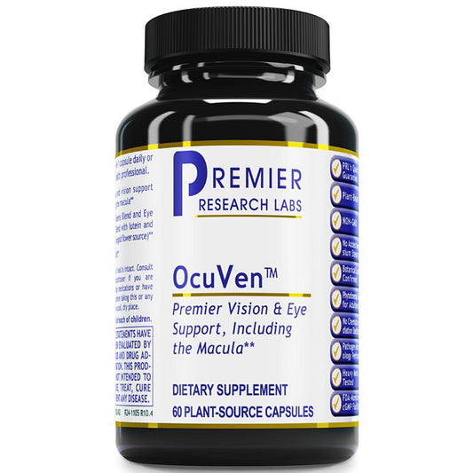 A black plastic bottle of Premier Research Labs Ocuven dietary supplement with a white label and blue text, set against a plain white background.