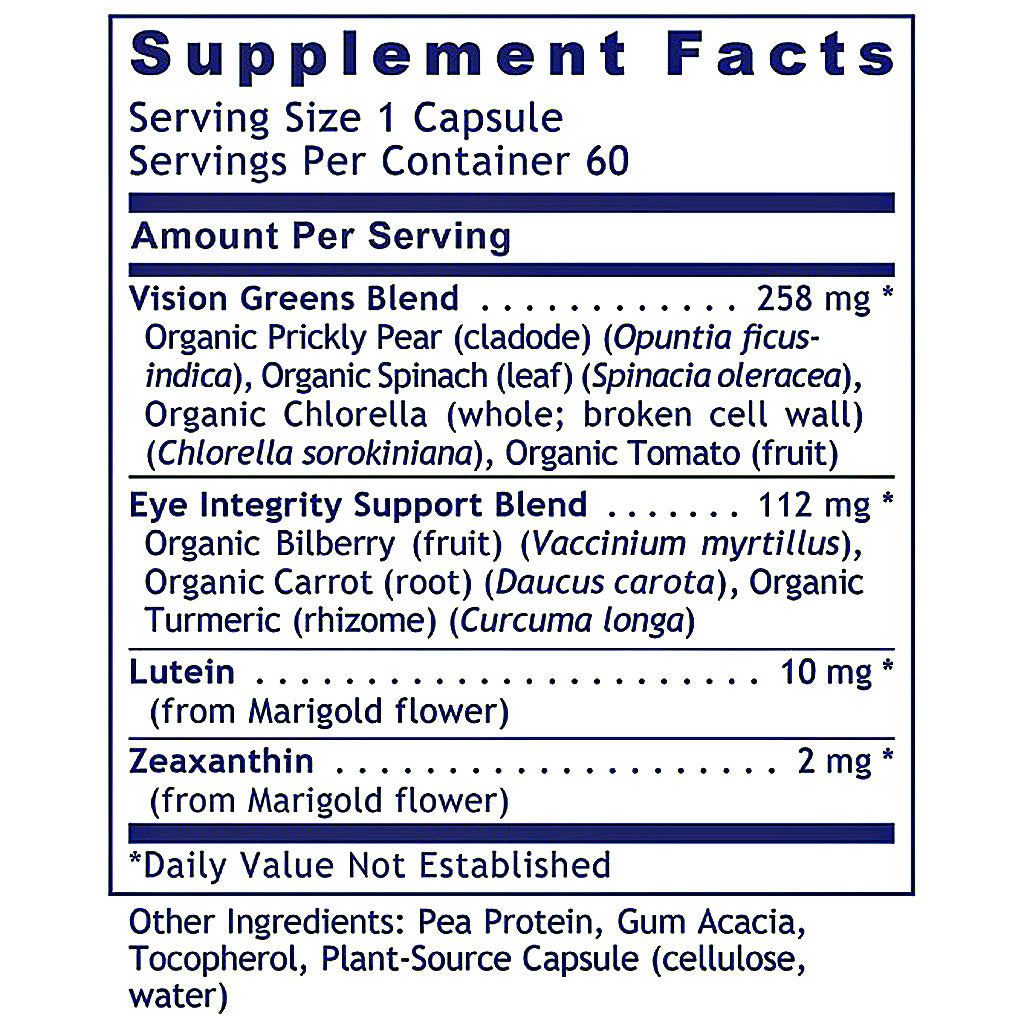 A supplement facts label for Vision Greens Blend and Eye Integrity Support Blend, showing serving size 1 capsule, 60 servings per container, with listed ingredients and daily value information on a white background.