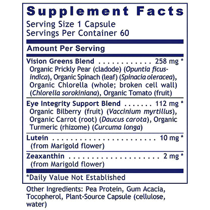 A supplement facts label for Vision Greens Blend and Eye Integrity Support Blend, showing serving size 1 capsule, 60 servings per container, with listed ingredients and daily value information on a white background.