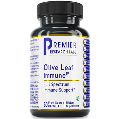 A black plastic bottle of Premier Research Labs Olive Leaf Immune dietary supplement with a white label and blue text, on a plain white background.