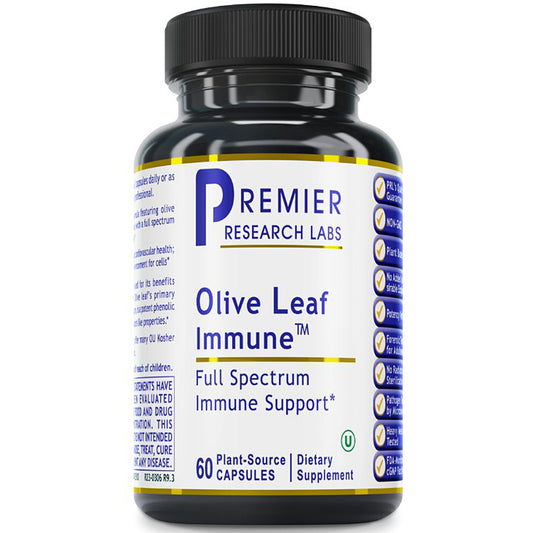 A black plastic bottle of Premier Research Labs Olive Leaf Immune dietary supplement with a white label and blue text, on a plain white background.