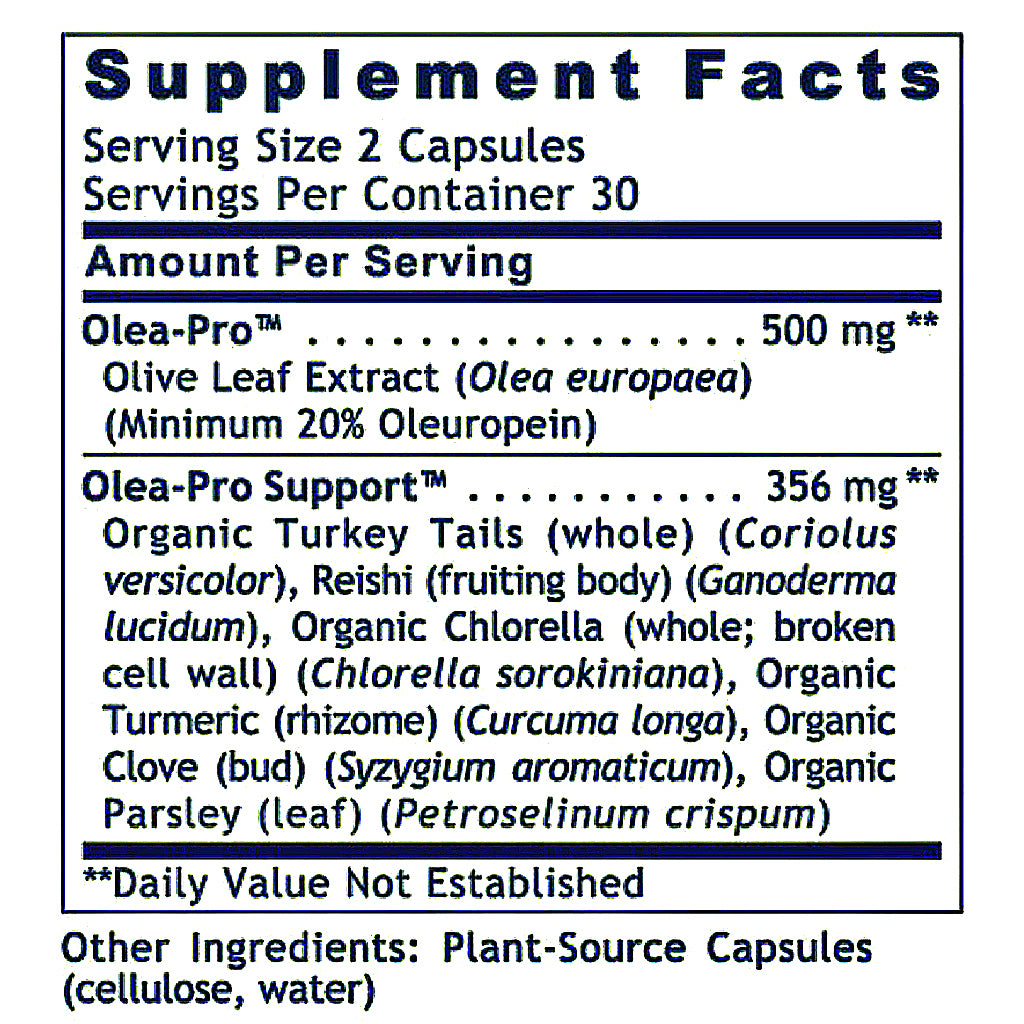 A close-up of a supplement facts label showing Olea-Pro and Olea-Pro Support ingredients, serving size 2 capsules, on a white background.