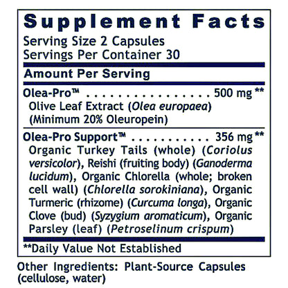 A close-up of a supplement facts label showing Olea-Pro and Olea-Pro Support ingredients, serving size 2 capsules, on a white background.