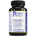 A black plastic bottle of Premier Research Labs PancreVen dietary supplement with a black ribbed cap and a white label featuring blue and yellow text and accents.