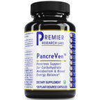 A black plastic bottle of Premier Research Labs PancreVen dietary supplement with a black ribbed cap and a white label featuring blue and yellow text and accents.
