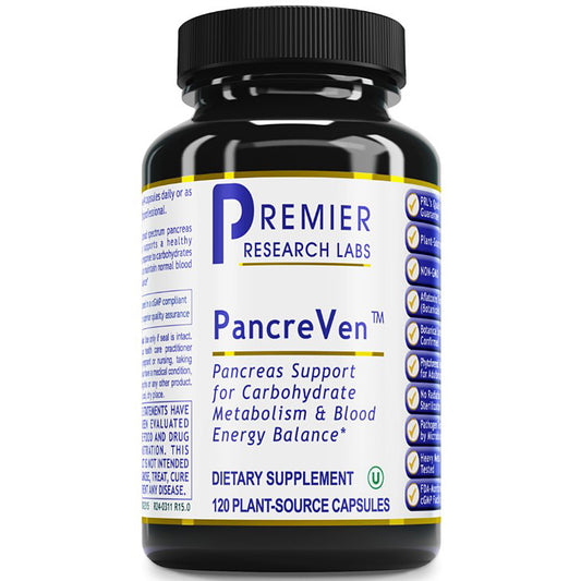 A black plastic bottle of Premier Research Labs PancreVen dietary supplement with a black ribbed cap and a white label featuring blue and yellow text and accents.