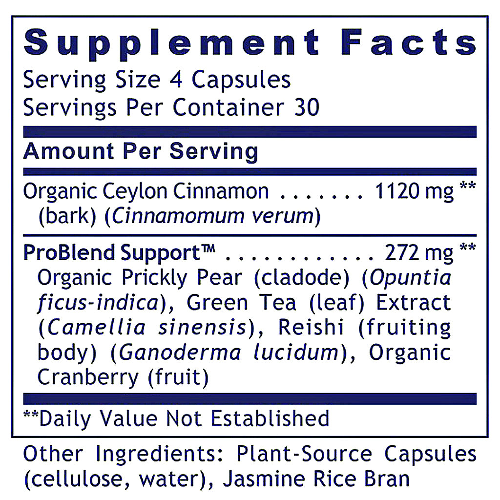 A supplement facts label for ProBlend Support capsules, showing serving size 4 capsules, 30 servings per container, and ingredients including organic ceylon cinnamon, prickly pear, green tea, reishi, and organic cranberry.