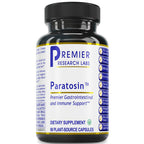 A black plastic bottle of Premier Research Labs Paratosin dietary supplement with a white label and blue text, isolated on a white background.