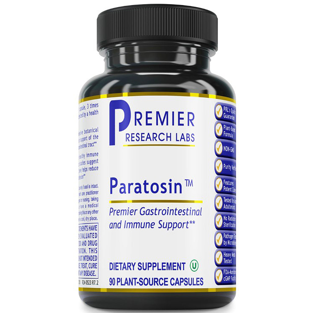 A black plastic bottle of Premier Research Labs Paratosin dietary supplement with a white label and blue text, isolated on a white background.