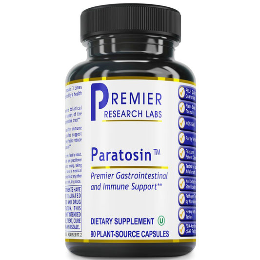 A black plastic bottle of Premier Research Labs Paratosin dietary supplement with a white label and blue text, isolated on a white background.