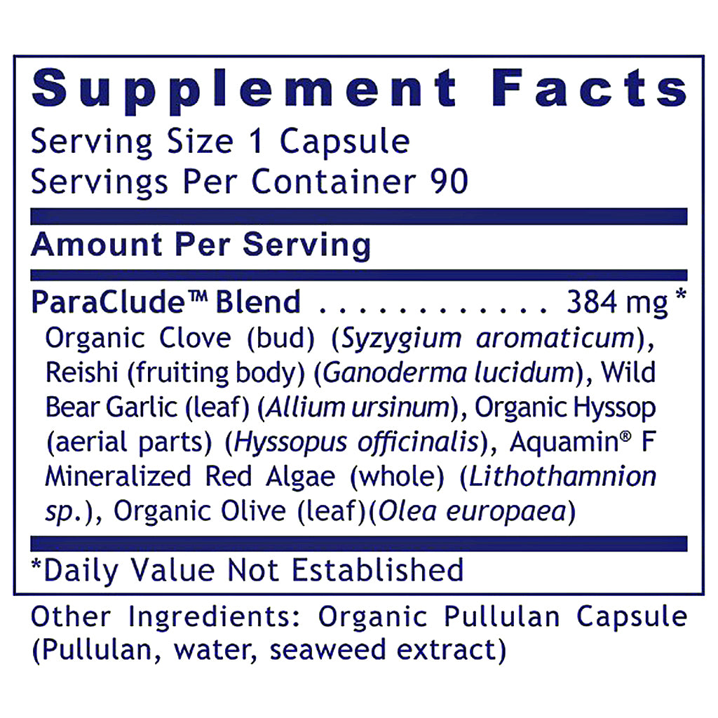 A close-up of a supplement facts label reading 'Supplement Facts' with serving size 1 capsule, servings per container 90, and the ParaClude Blend listed at 384 mg, including clove, reishi, wild bear garlic, organic hyssop, aquamin F, red algae, and olive.